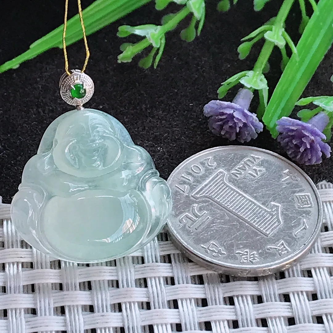 实拍A货翡翠22.8/24.3/5.4老坑18k金镶嵌冰种冰晴佛公吊坠翡翠玉佛挂件