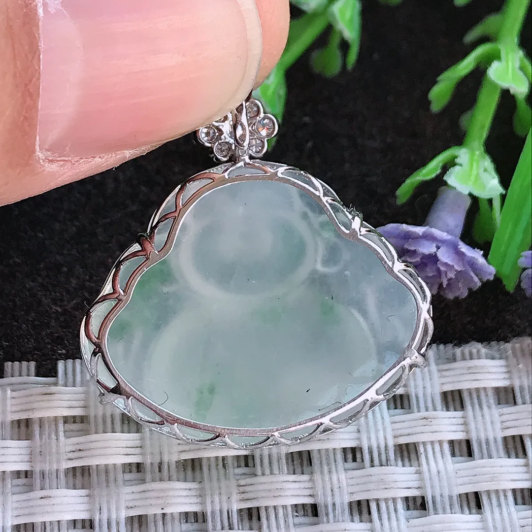 实拍A货翡翠26.6/26/9.7老坑18k金镶嵌冰胶果冻冰飘花佛公吊坠翡翠玉佛挂件