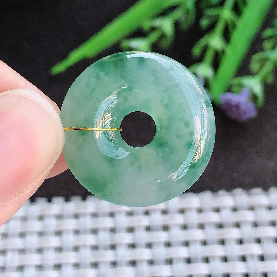 实拍A货翡翠23.8/6老坑冰胶水灵飘花玉环吊坠翡翠平安扣挂件