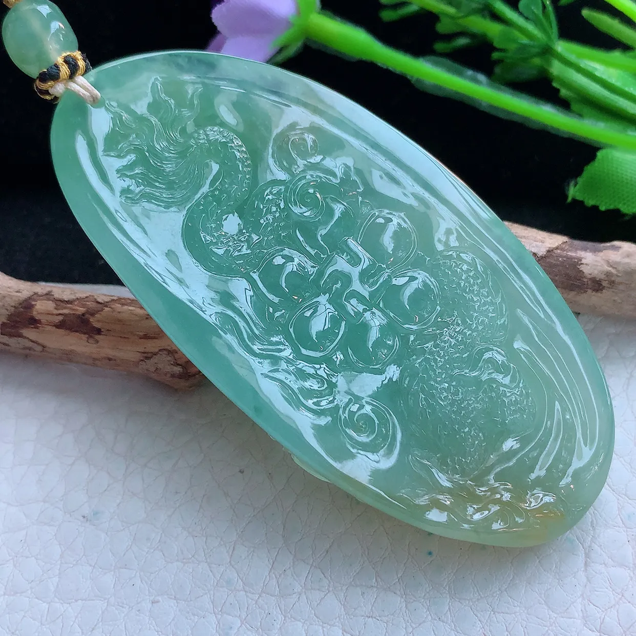 yl收藏款76.6*38*14.5缅甸翡翠精雕冰黄加绿御龙观音玉挂件