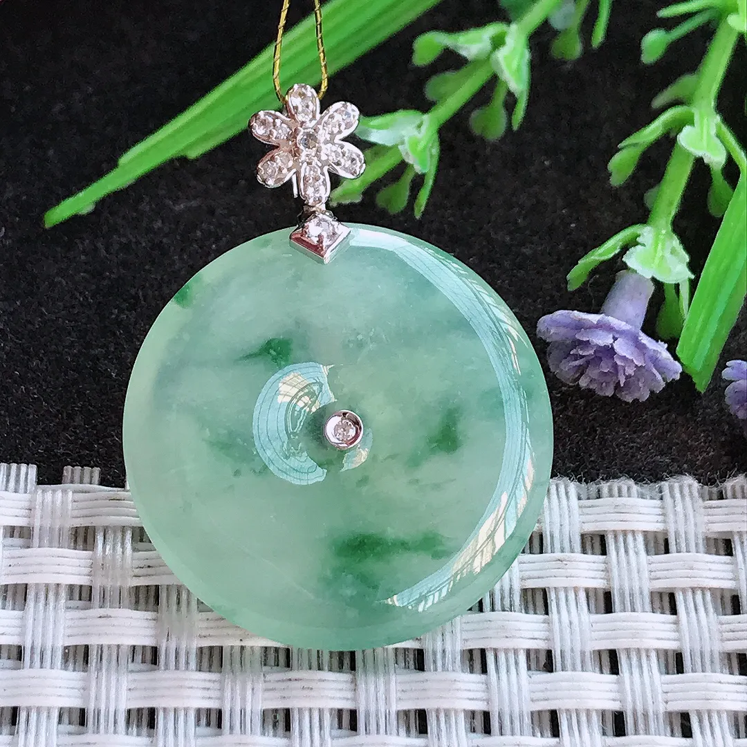 实拍A货翡翠27.2/5老坑18k金镶嵌冰胶水灵冰晴飘花平安扣吊坠翡翠挂件