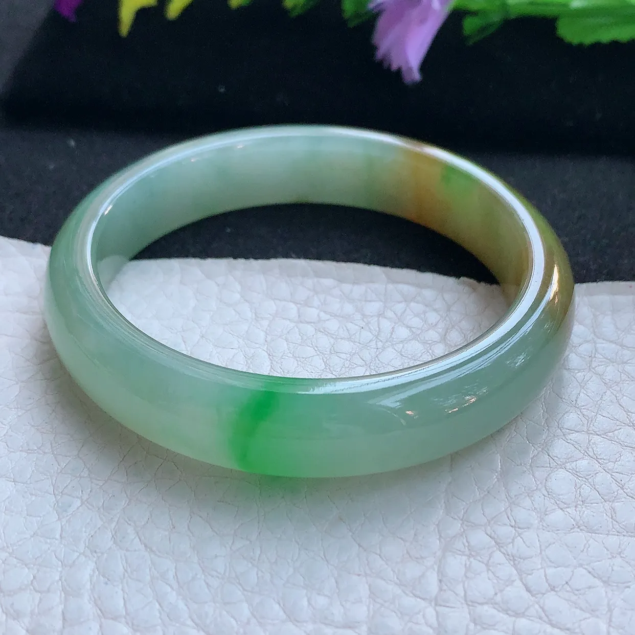 h小圈口52.5*11.6*7平安镯 天然缅甸翡翠玉手镯冰三彩宽边玉手环