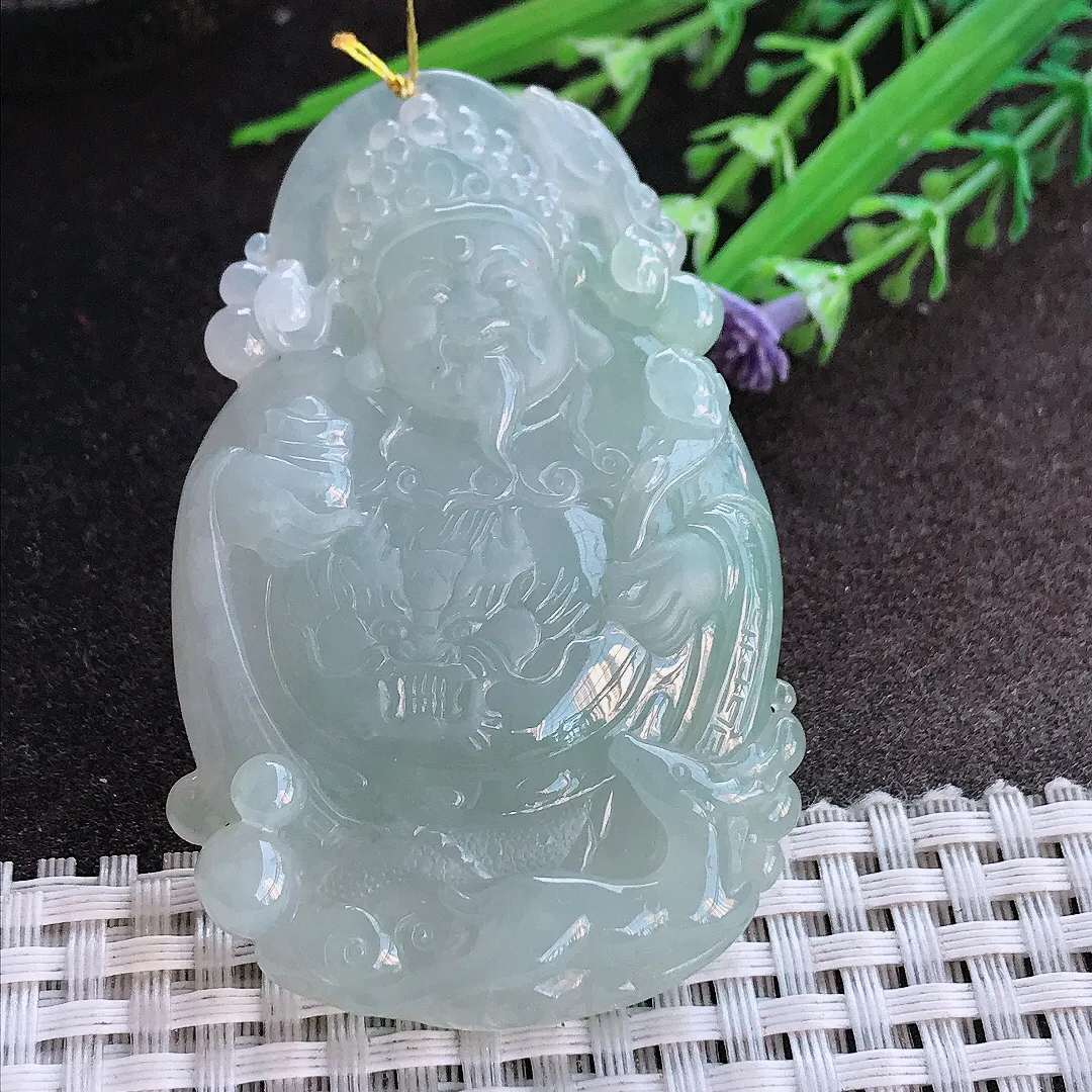 实拍A货翡翠65.3/40/8老坑冰润起胶财神爷吊坠翡翠挂件