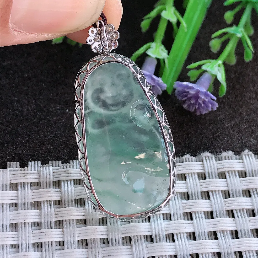 实拍A货翡翠37.2/18/6老坑18k金镶嵌冰种果冻佛公吊坠翡翠布袋佛挂件