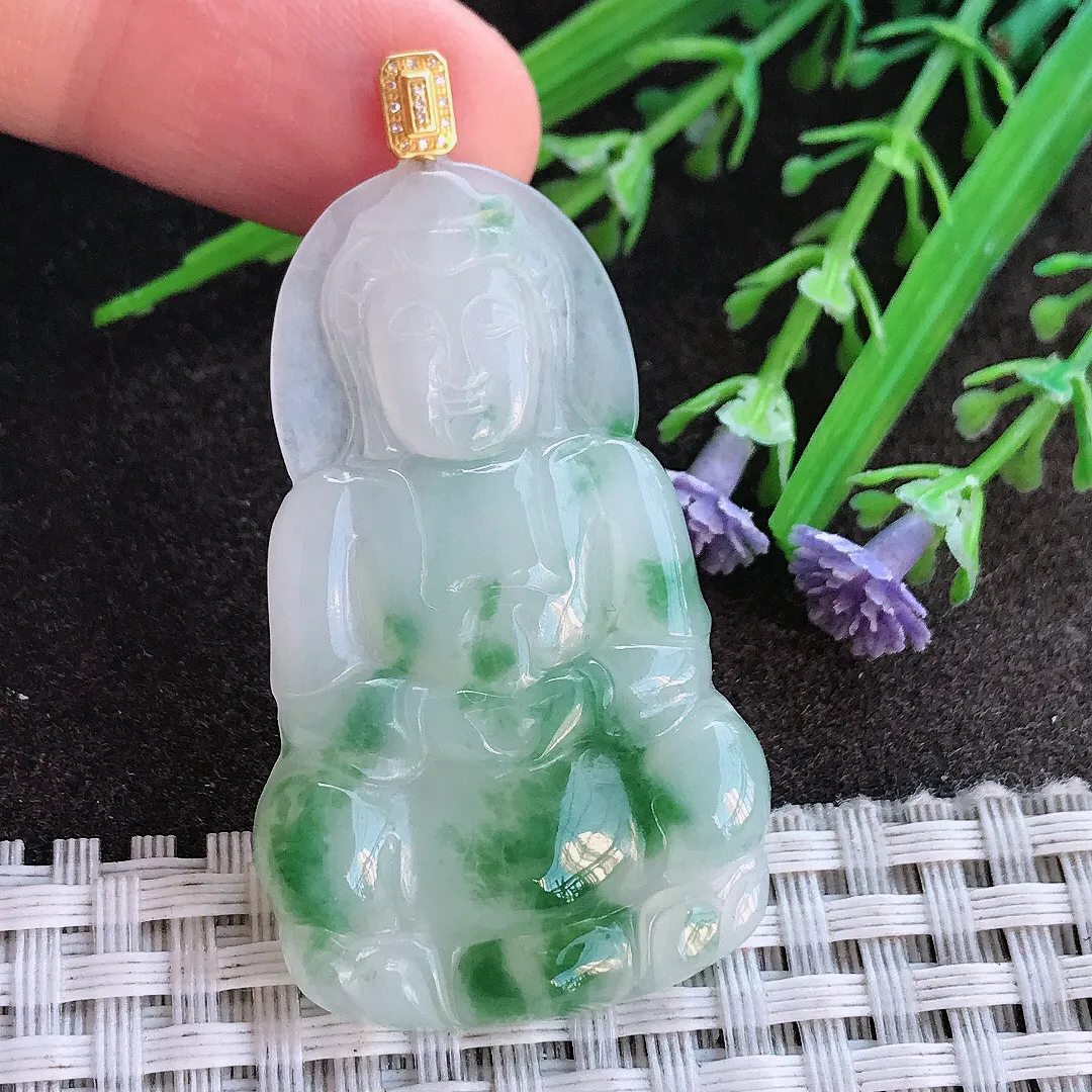 实拍A货翡翠46/28/4.5老坑18k金镶嵌冰胶飘绿花观音菩萨吊坠翡翠挂件