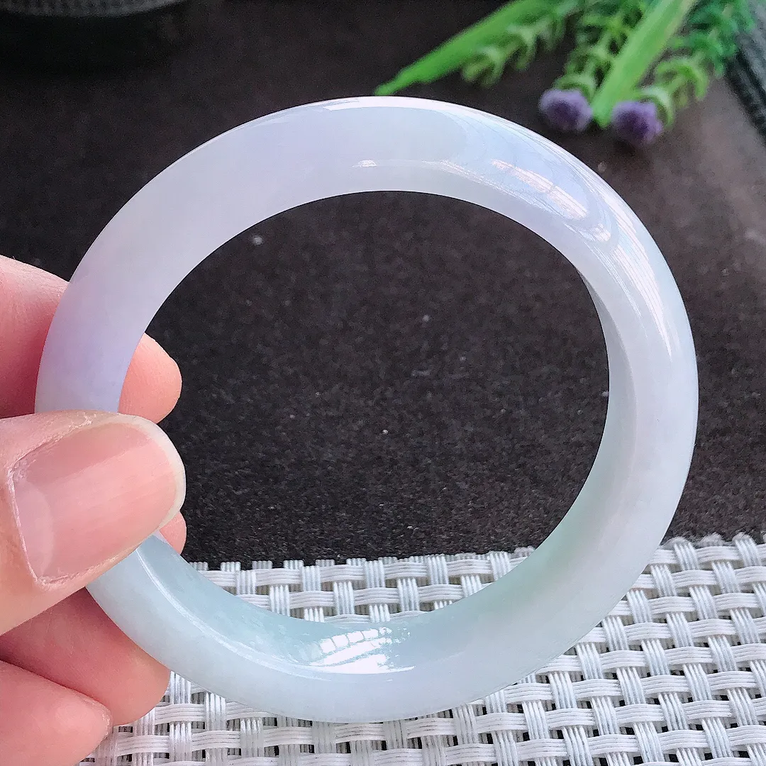 实拍A货翡翠55/12.3/8.5老坑冰润起胶紫罗兰手镯宽边玉镯手环