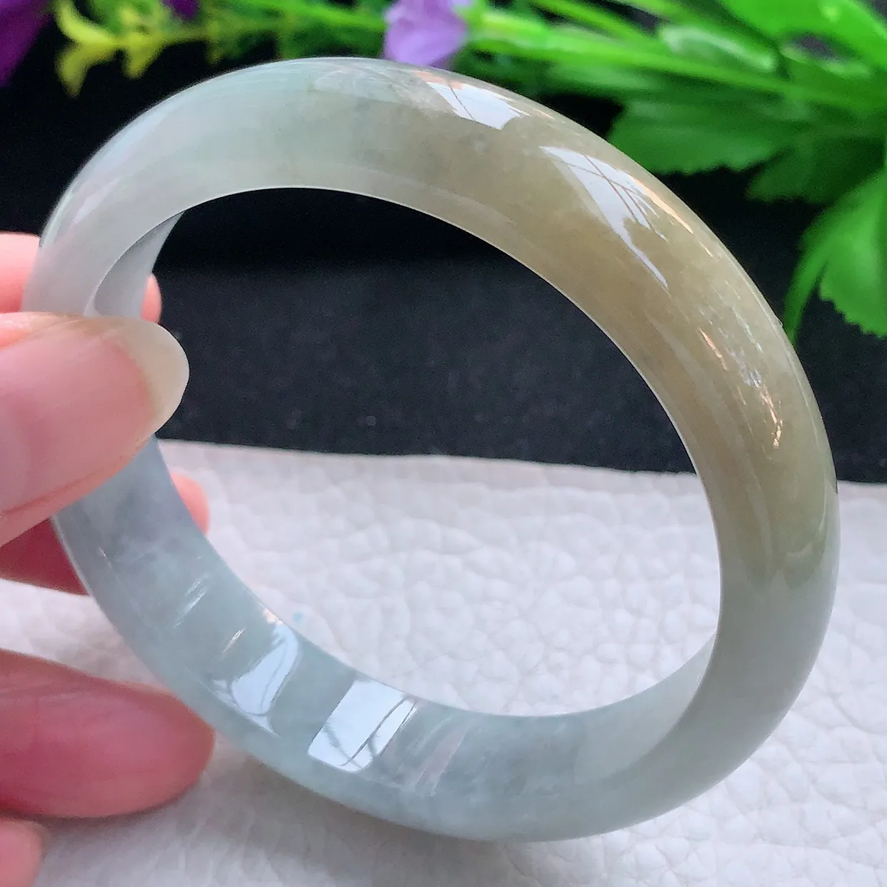 js实拍58*13.6*7.6平安镯 天然缅甸翡翠玉手镯冰双彩宽边玉手环