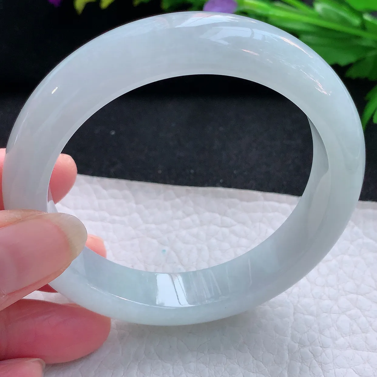 hy实拍58*13*9平安镯 天然缅甸翡翠玉手镯冰胶白月光宽边玉手环