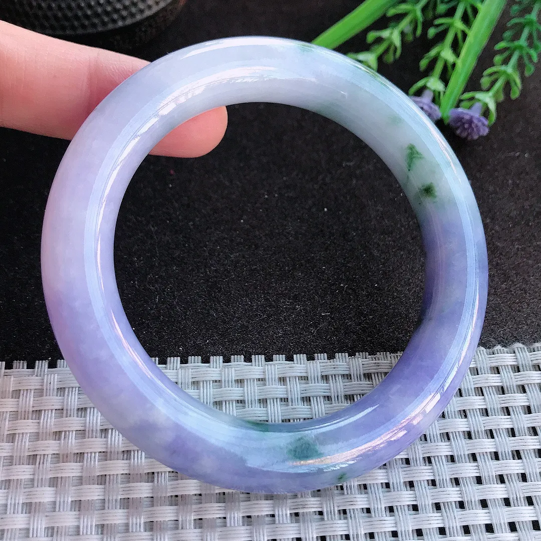 实拍A货翡翠58/11.4老坑精美艳丽紫罗兰圆条手镯紫罗兰飘花玉镯手环