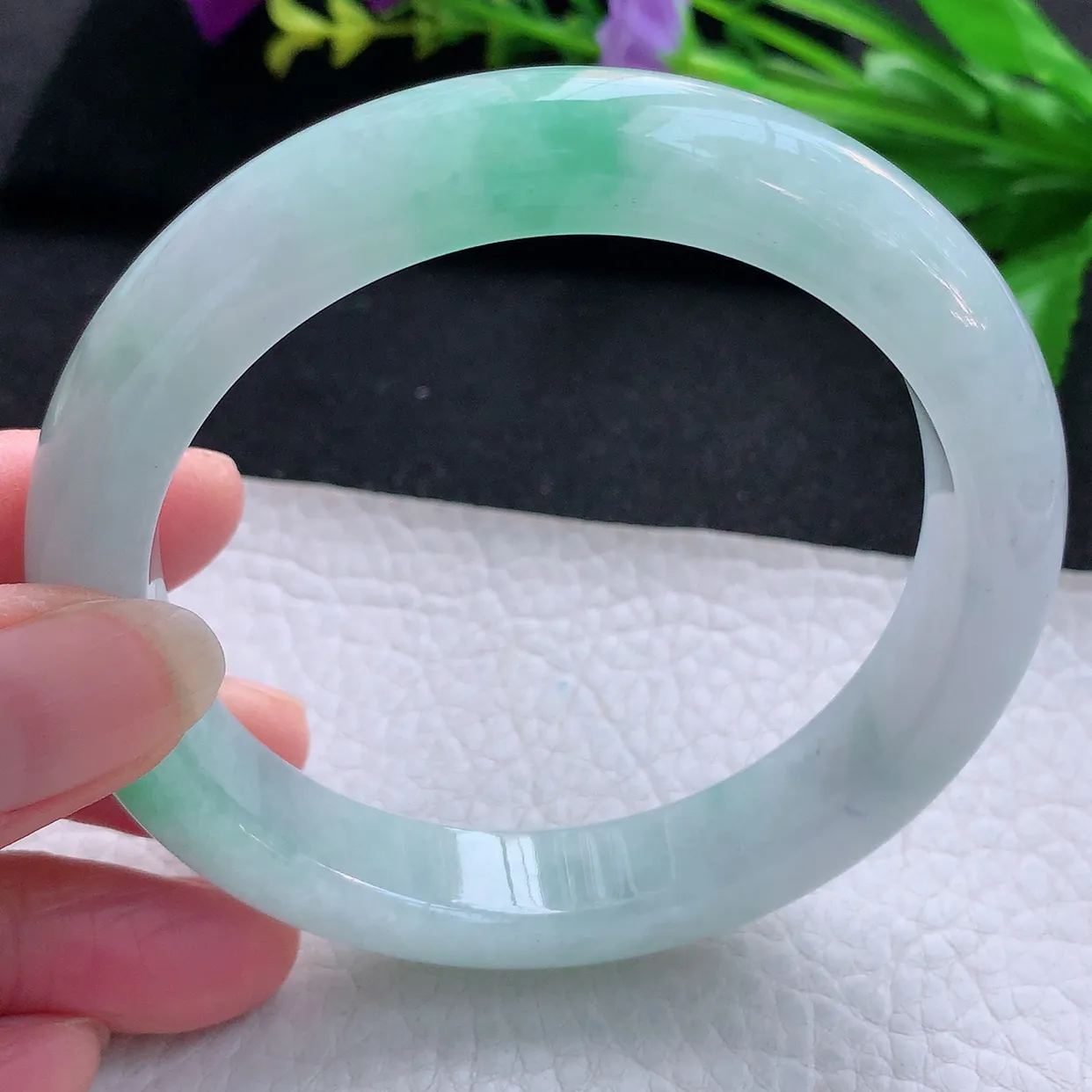 yh大圈口61.5*12.5*9.3平安镯 天然缅甸翡翠玉手镯飘绿大气宽边玉手环