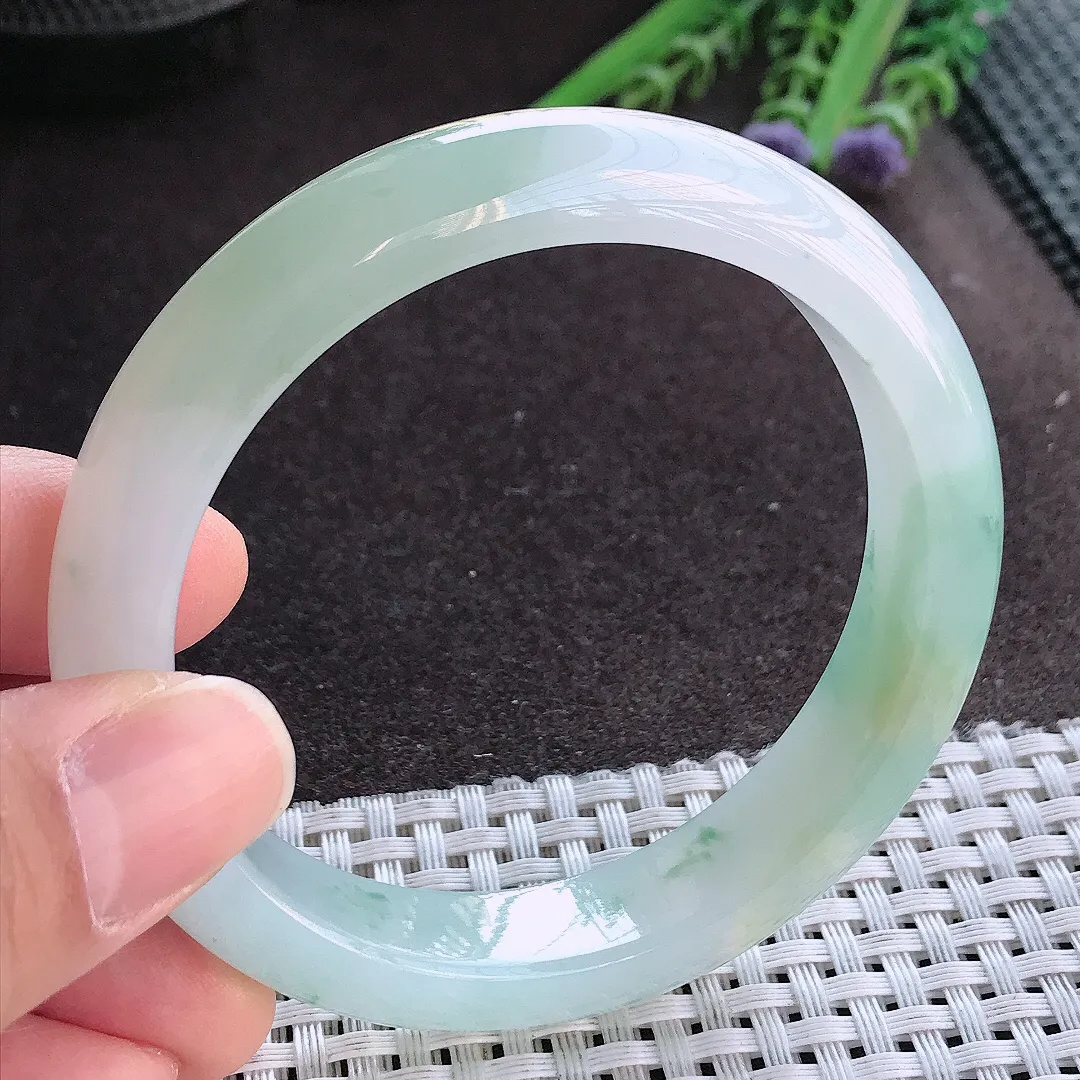 实拍A货翡翠58/12.5/8.3老坑冰胶水灵冰飘花手镯宽边玉镯手环