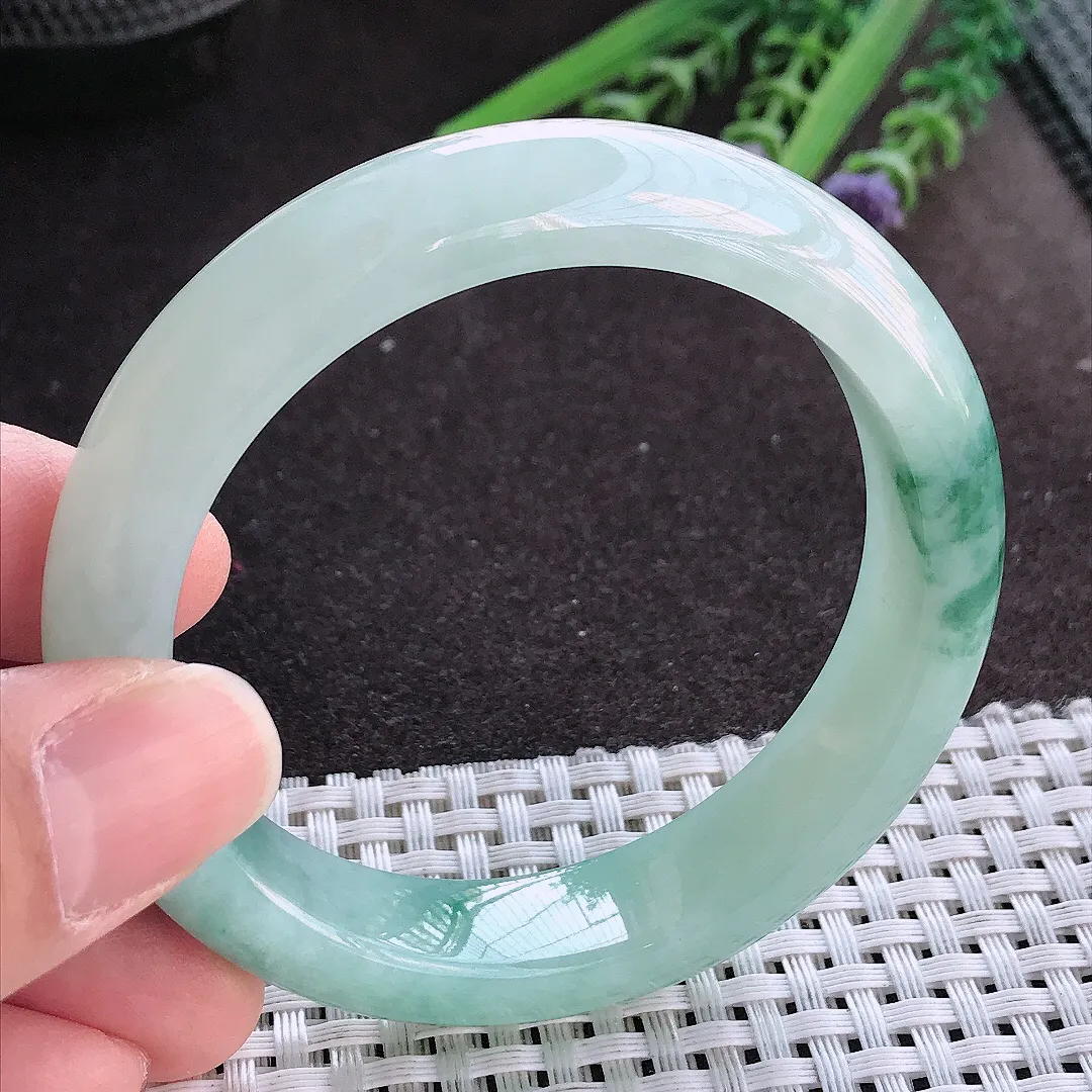 实拍A货翡翠54.5/12.8/8.5老坑冰胶果冻冰飘花手镯宽边玉镯手环