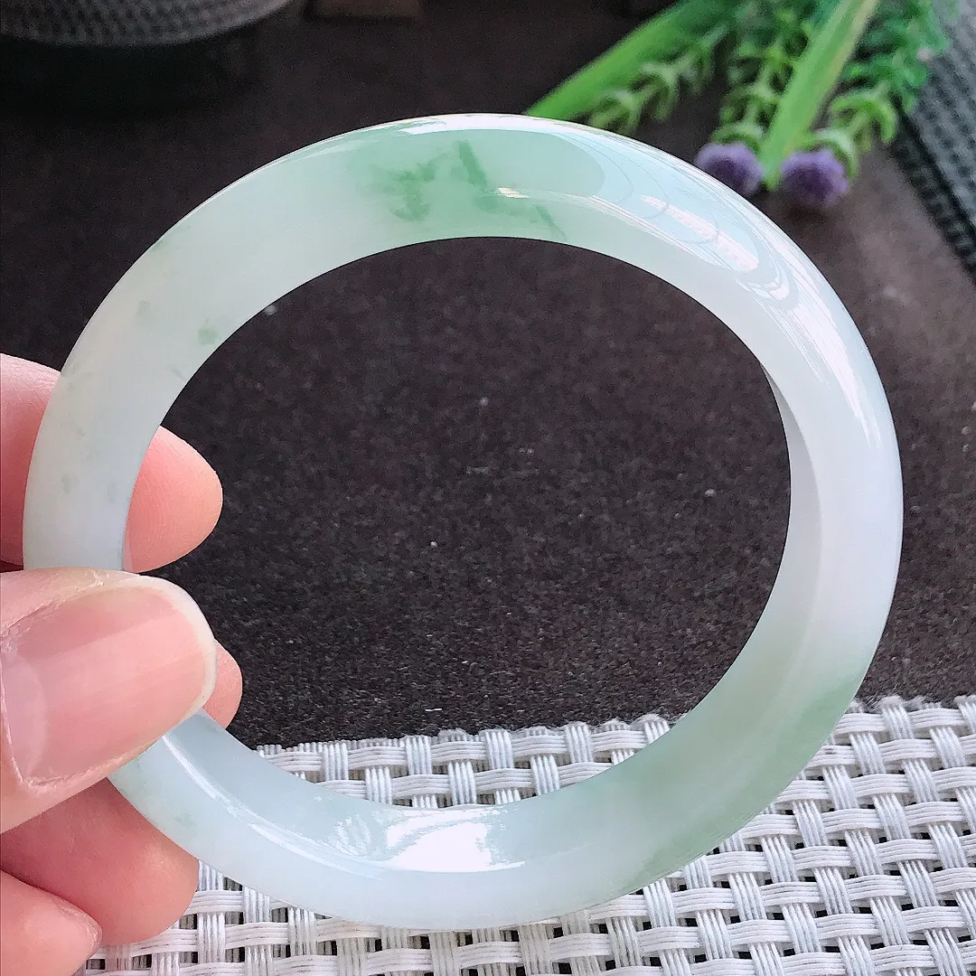 实拍A货翡翠58/12.5/8.3老坑冰胶水灵冰飘花手镯宽边玉镯手环