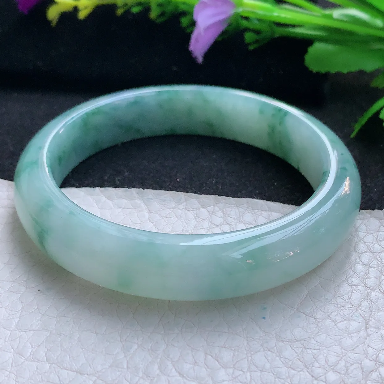 yh自然光57*12.7*8.6平安镯 天然缅甸翡翠玉手镯冰飘花宽边玉手环