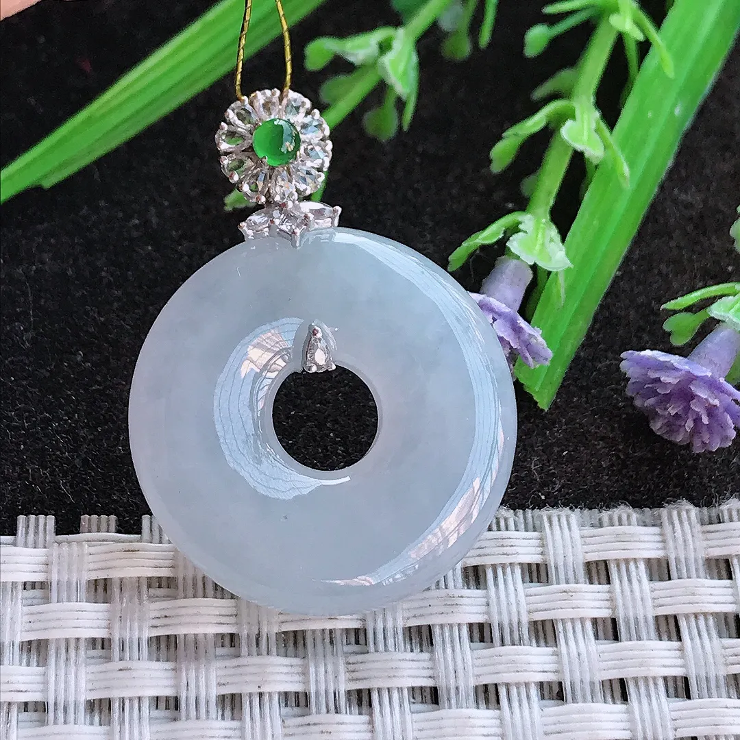 实拍A货翡翠25.6/5.7老坑18k金镶嵌冰胶淡紫罗兰平安扣吊坠翡翠挂件