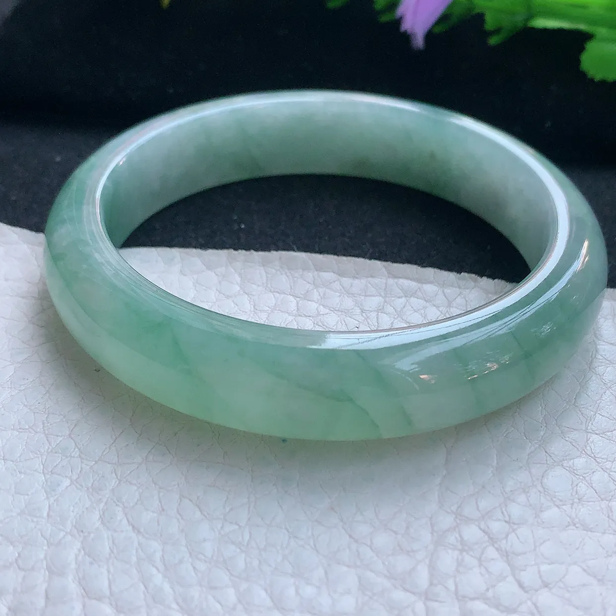 z实拍56.5*12.6*8平安镯 天然缅甸翡翠玉手镯冰润飘绿宽边玉手环