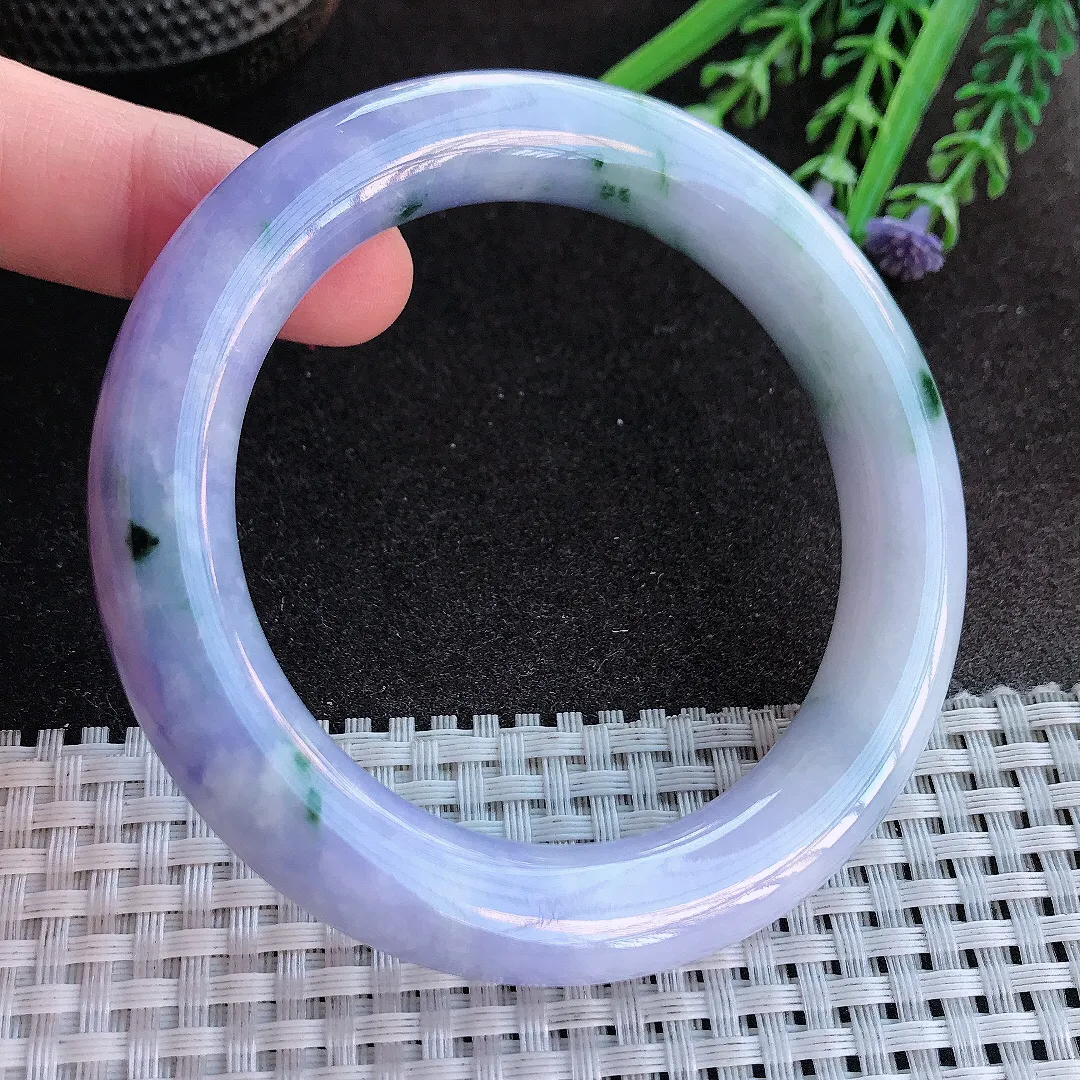 实拍A货翡翠58/11.4老坑精美艳丽紫罗兰圆条手镯紫罗兰飘花玉镯手环