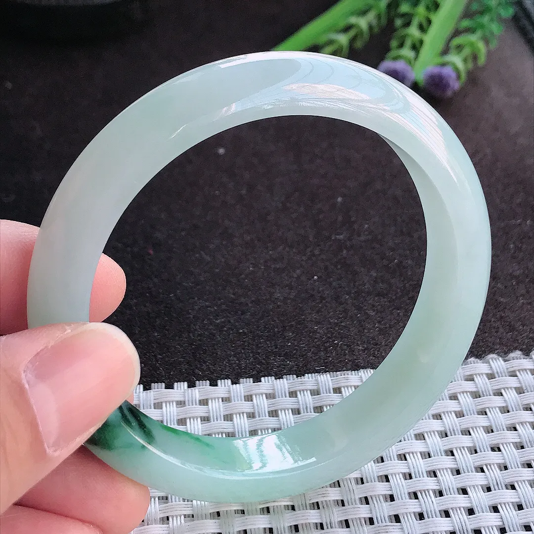 实拍A货翡翠57.5/12/7.8老坑冰润起胶特色飘花手镯宽边玉镯手环