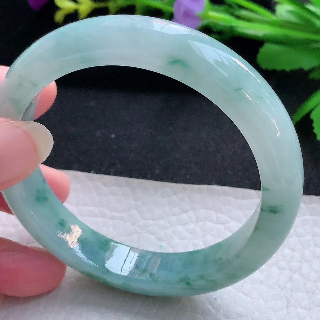 yh自然光57*12.7*8.6平安镯 天然缅甸翡翠玉手镯冰飘花宽边玉手环