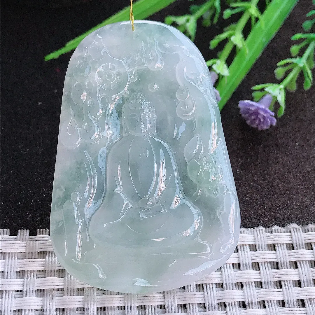 实拍A货翡翠56.7/39.6/5.8老坑冰胶果冻如来佛祖吊坠翡翠挂件