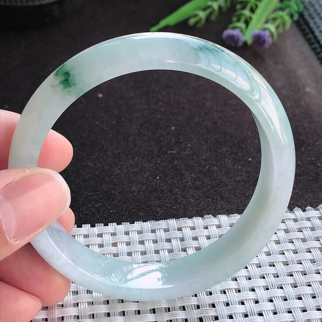 实拍A货翡翠59/14/7.5老坑精美冰润飘花手镯宽边玉镯手环