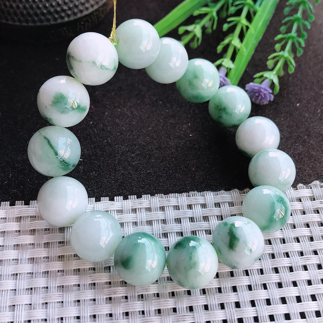 实拍A货翡翠13.5/15颗老坑秀气温润飘花大颗粒圆珠手串珠串手链
