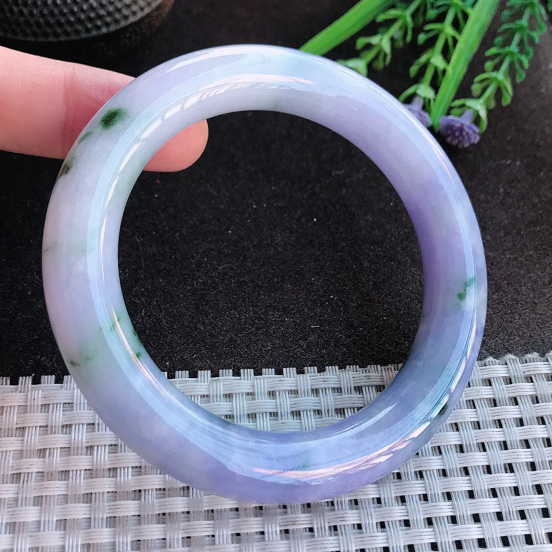 实拍A货翡翠58/11.4老坑精美艳丽紫罗兰圆条手镯紫罗兰飘花玉镯手环