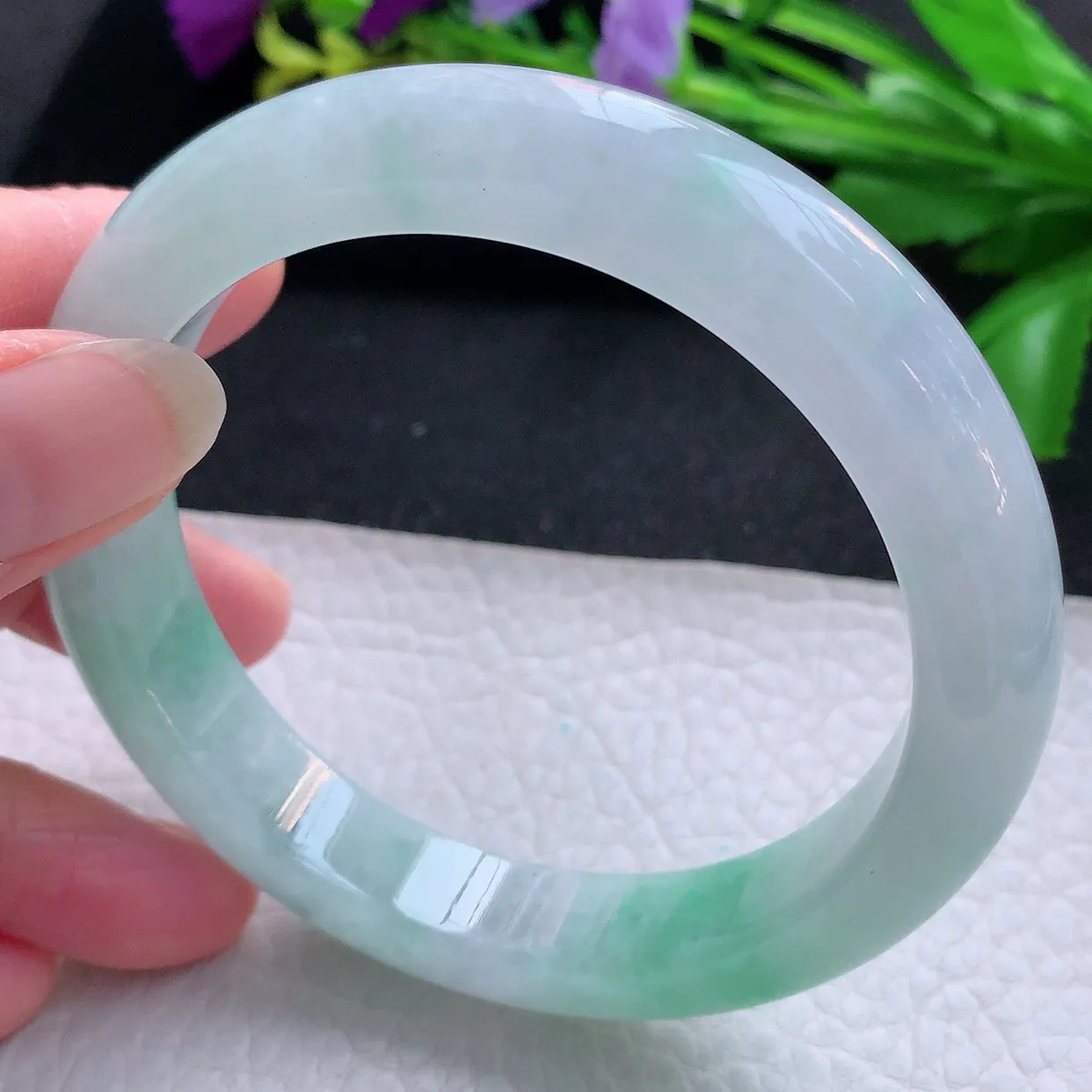 yh大圈口61.5*12.5*9.3平安镯 天然缅甸翡翠玉手镯飘绿大气宽边玉手环