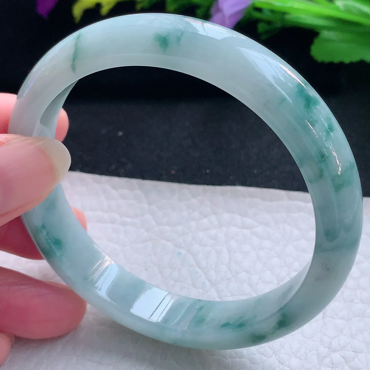 js实拍58.5*11.8*7.2平安镯 天然缅甸翡翠玉手镯冰飘花宽边玉手环