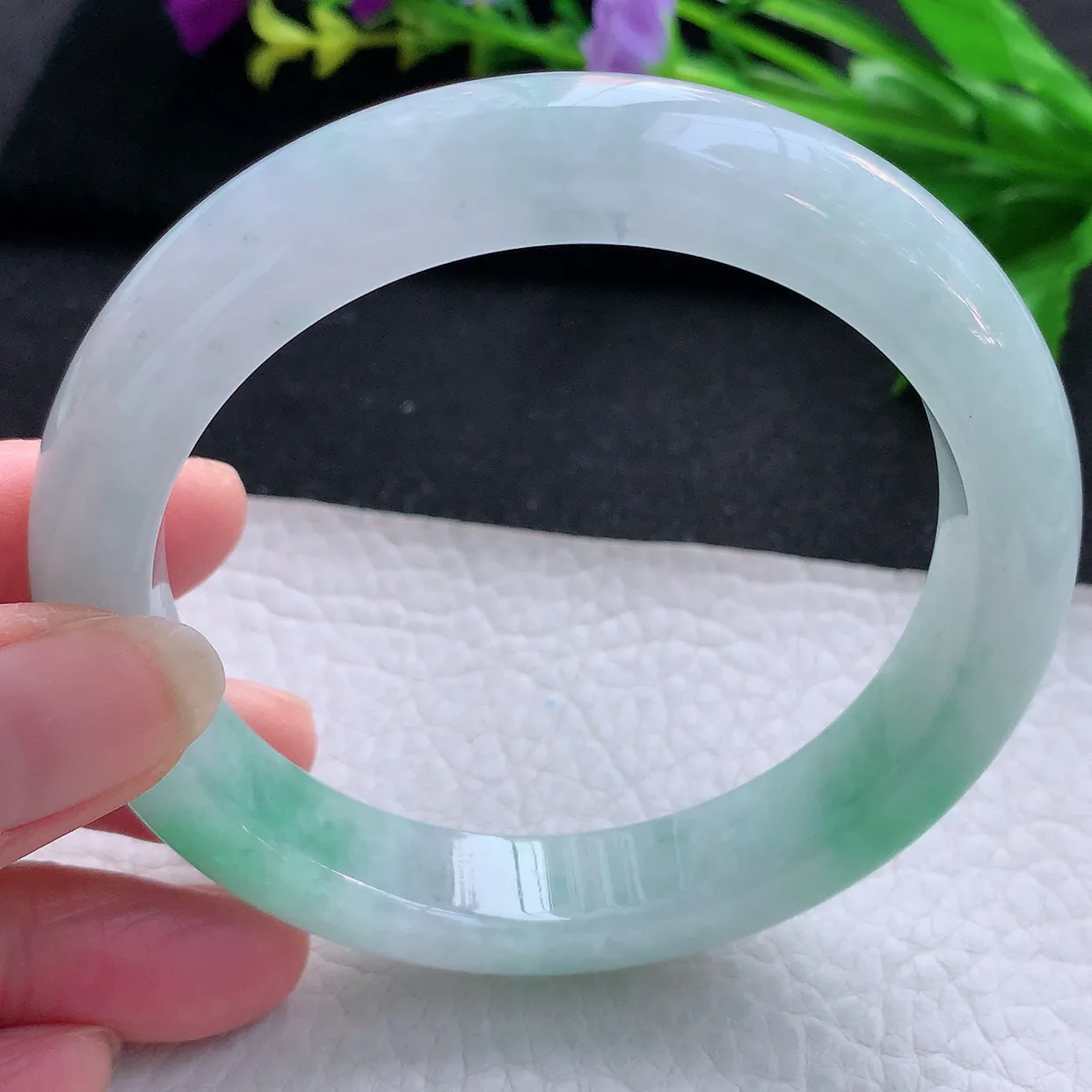 yh大圈口61.5*12.5*9.3平安镯 天然缅甸翡翠玉手镯飘绿大气宽边玉手环