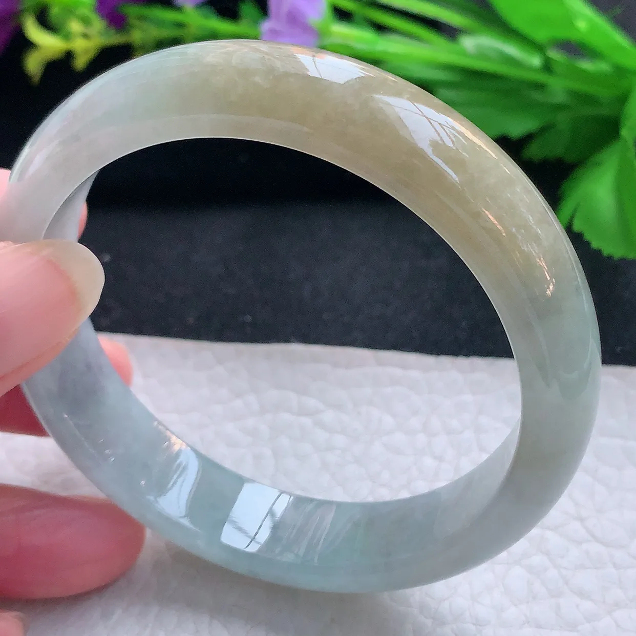 js实拍58*13.6*7.6平安镯 天然缅甸翡翠玉手镯冰双彩宽边玉手环