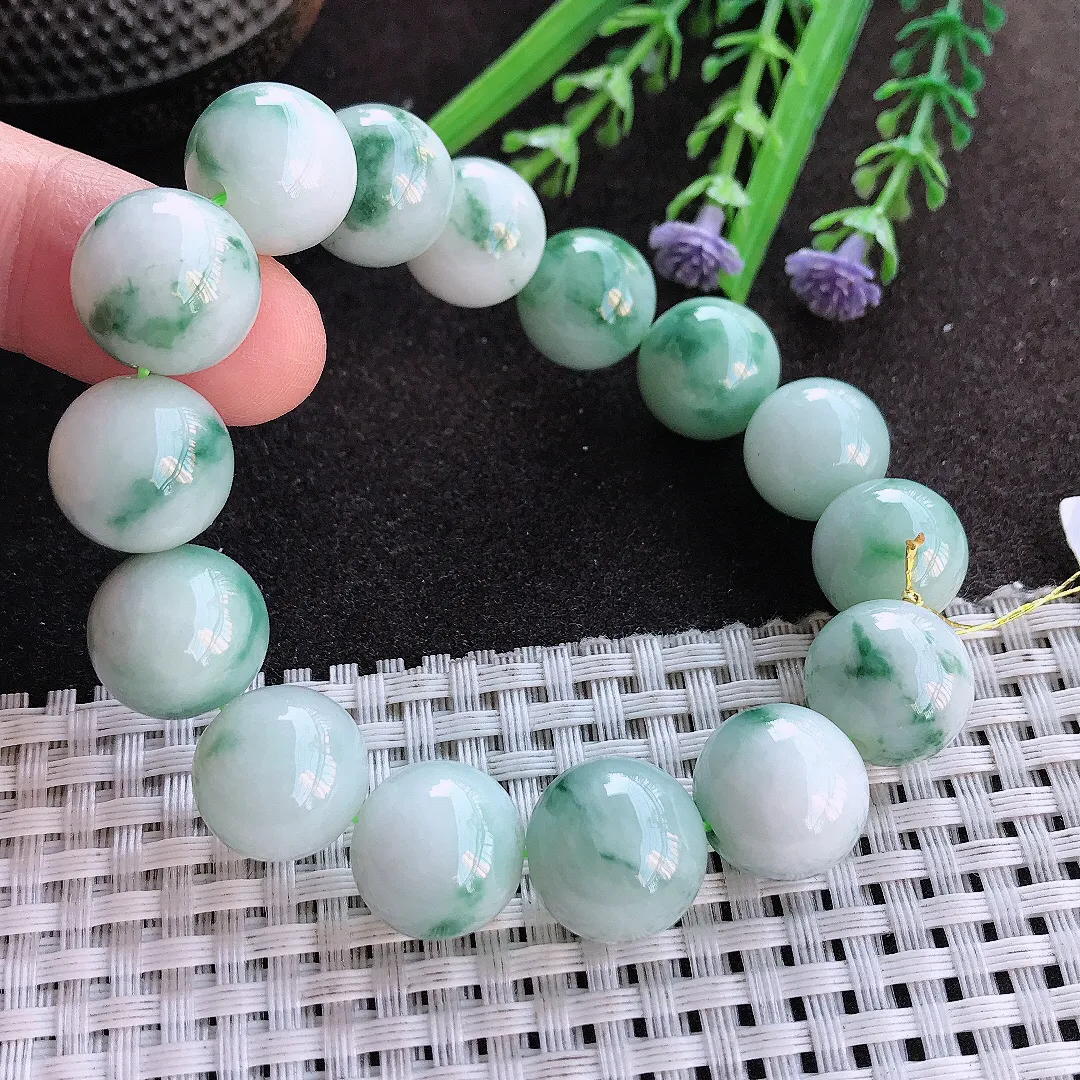 实拍A货翡翠13.5/15颗老坑秀气温润飘花大颗粒圆珠手串珠串手链