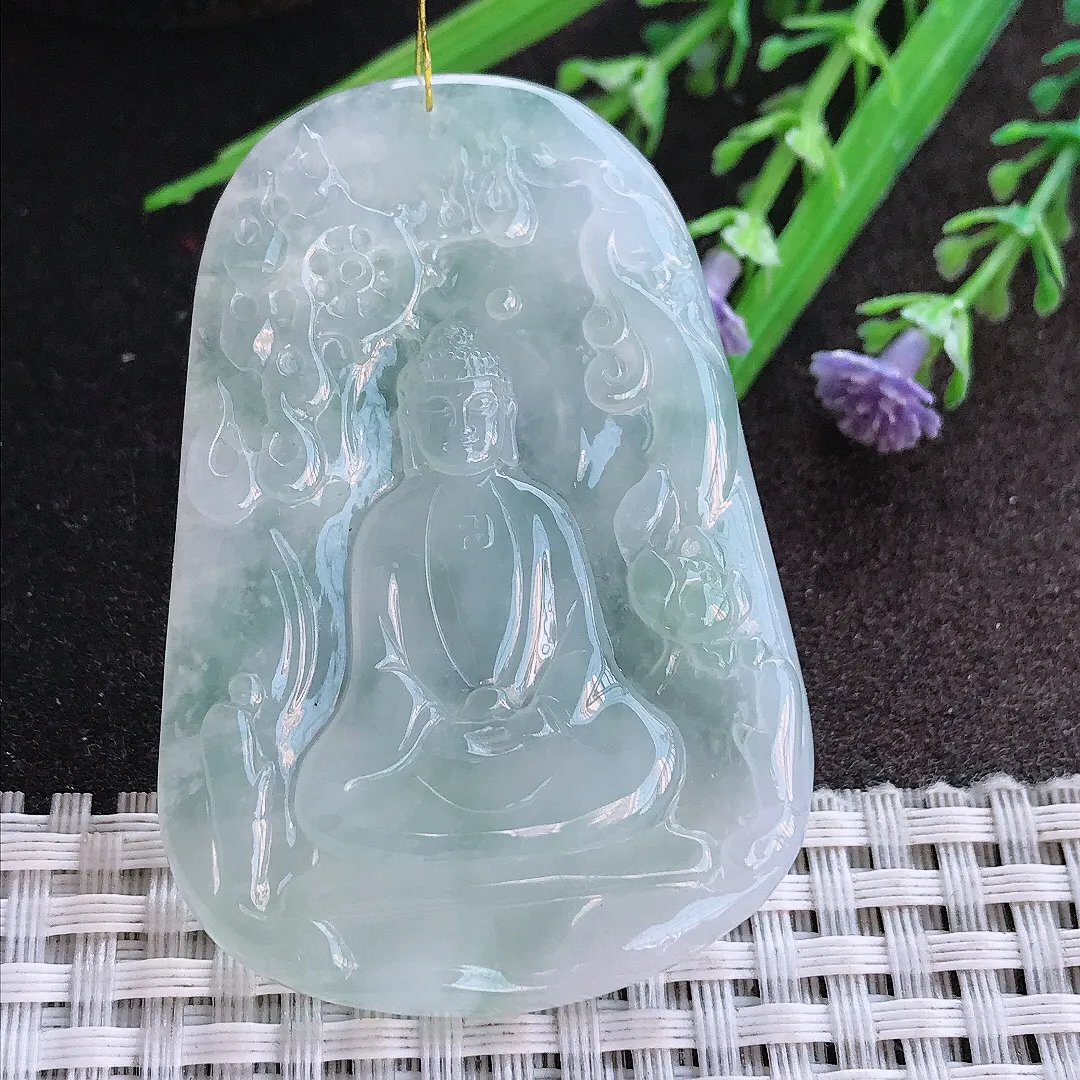 实拍A货翡翠56.7/39.6/5.8老坑冰胶果冻如来佛祖吊坠翡翠挂件