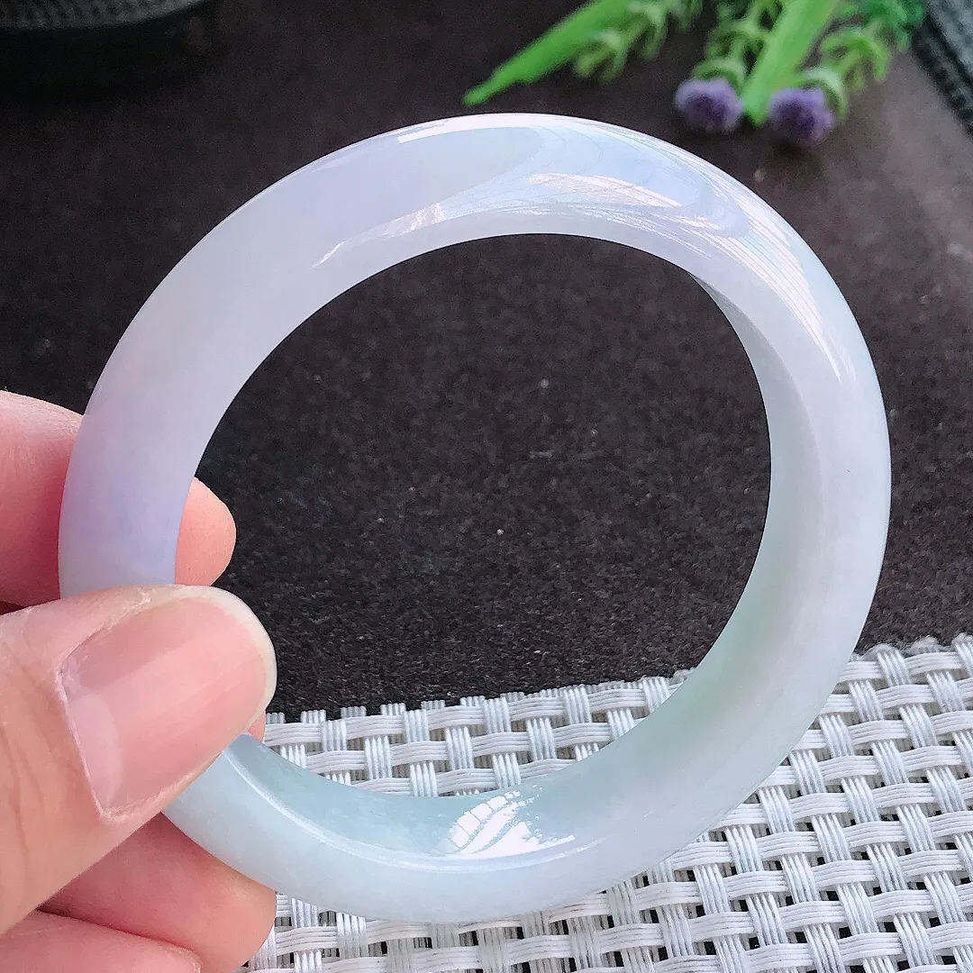 实拍A货翡翠55/12.3/8.5老坑冰润起胶紫罗兰手镯宽边玉镯手环