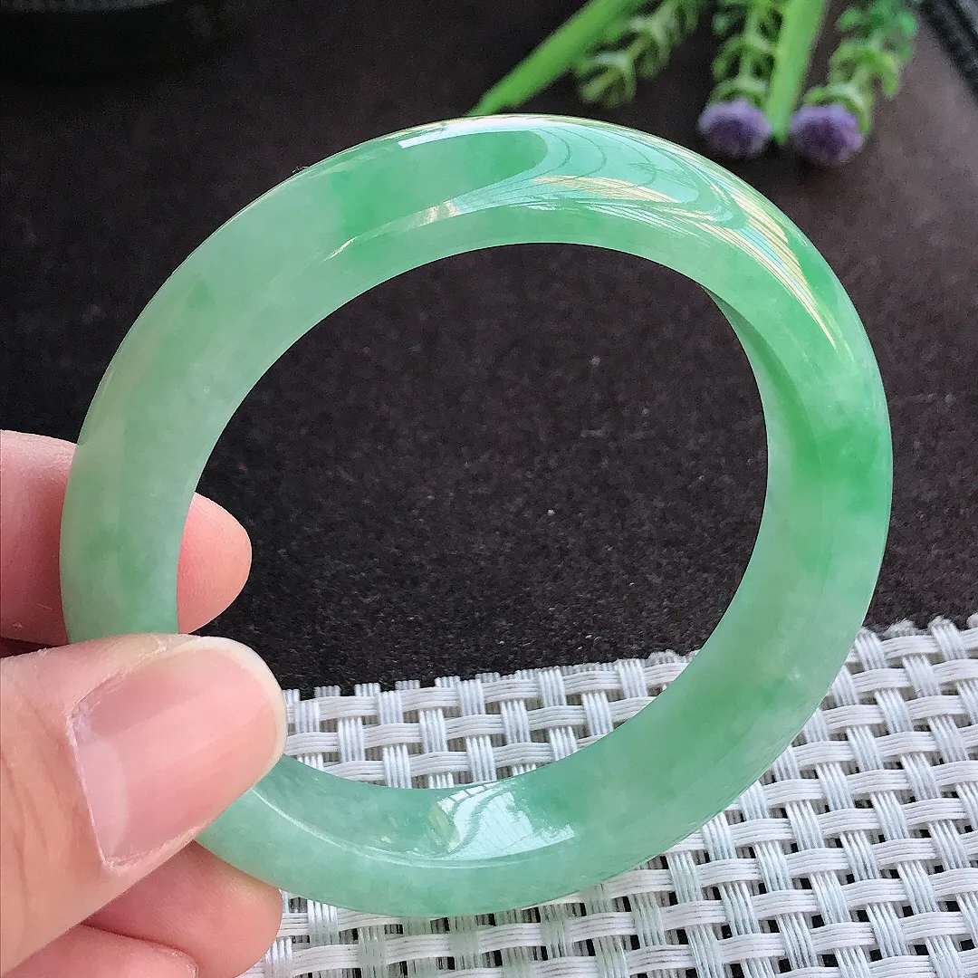 实拍A货翡翠54.5/12.7/8.6老坑冰润水灵冰晴满绿手镯宽边玉镯手环