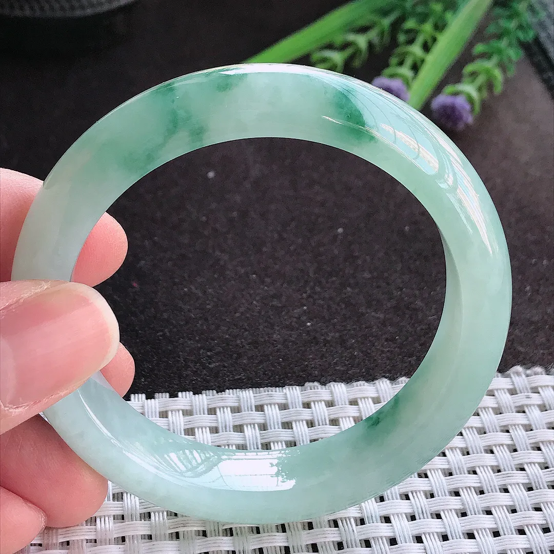 实拍A货翡翠54.5/12.8/8.5老坑冰胶果冻冰飘花手镯宽边玉镯手环