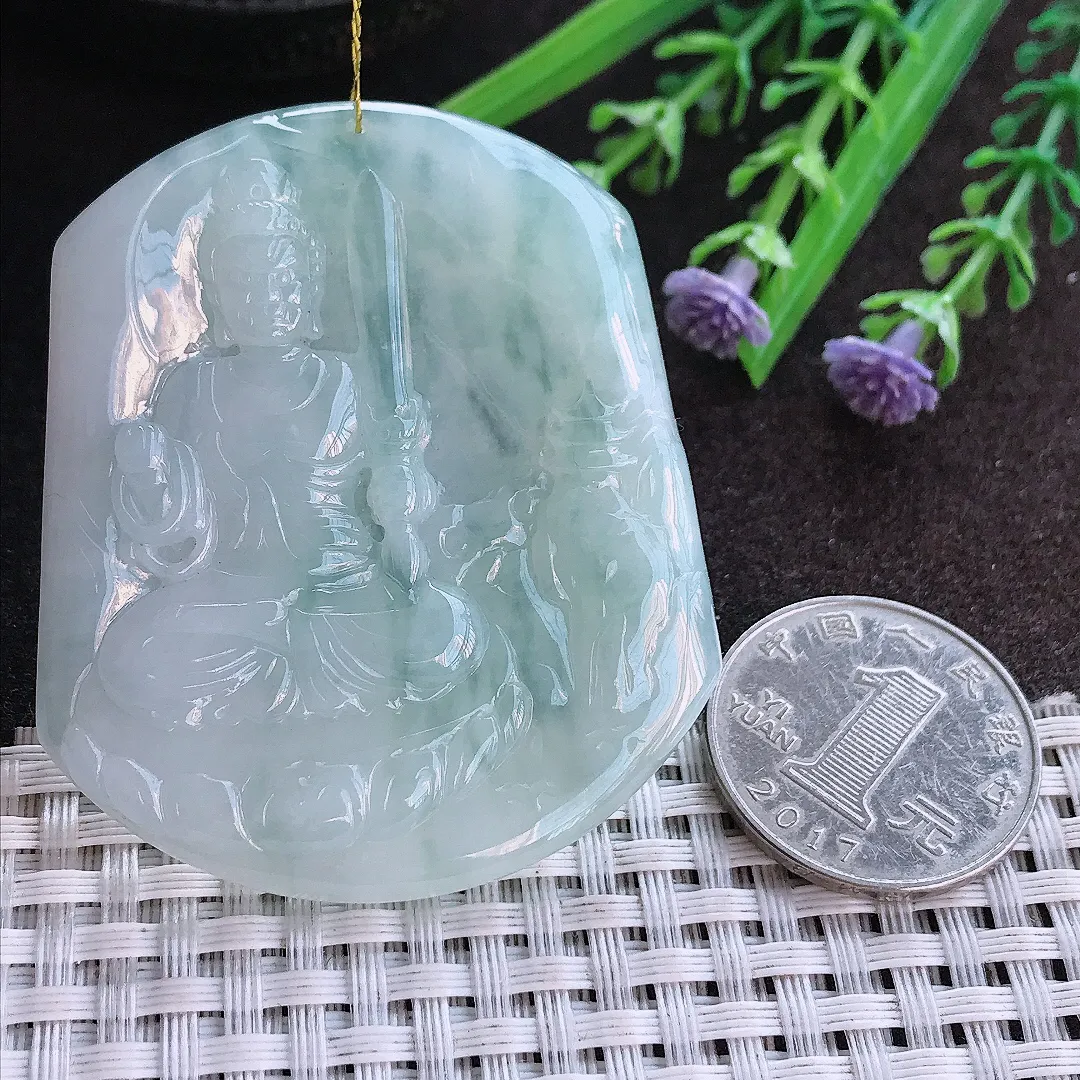 实拍A货翡翠53.8/44.3/4.5老坑冰胶水灵不动明王吊坠翡翠挂件