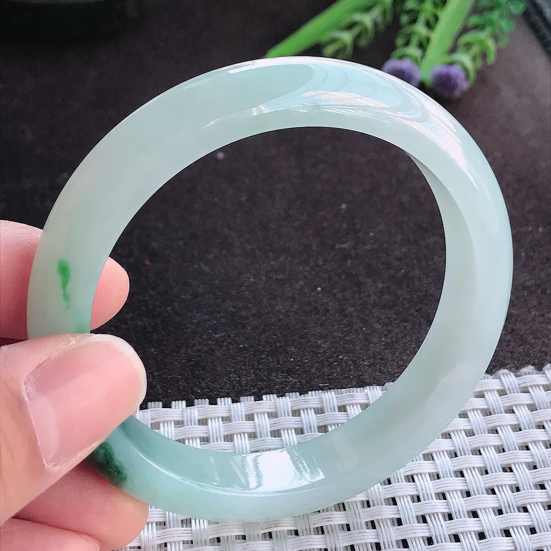 实拍A货翡翠57.5/12/7.8老坑冰润起胶特色飘花手镯宽边玉镯手环