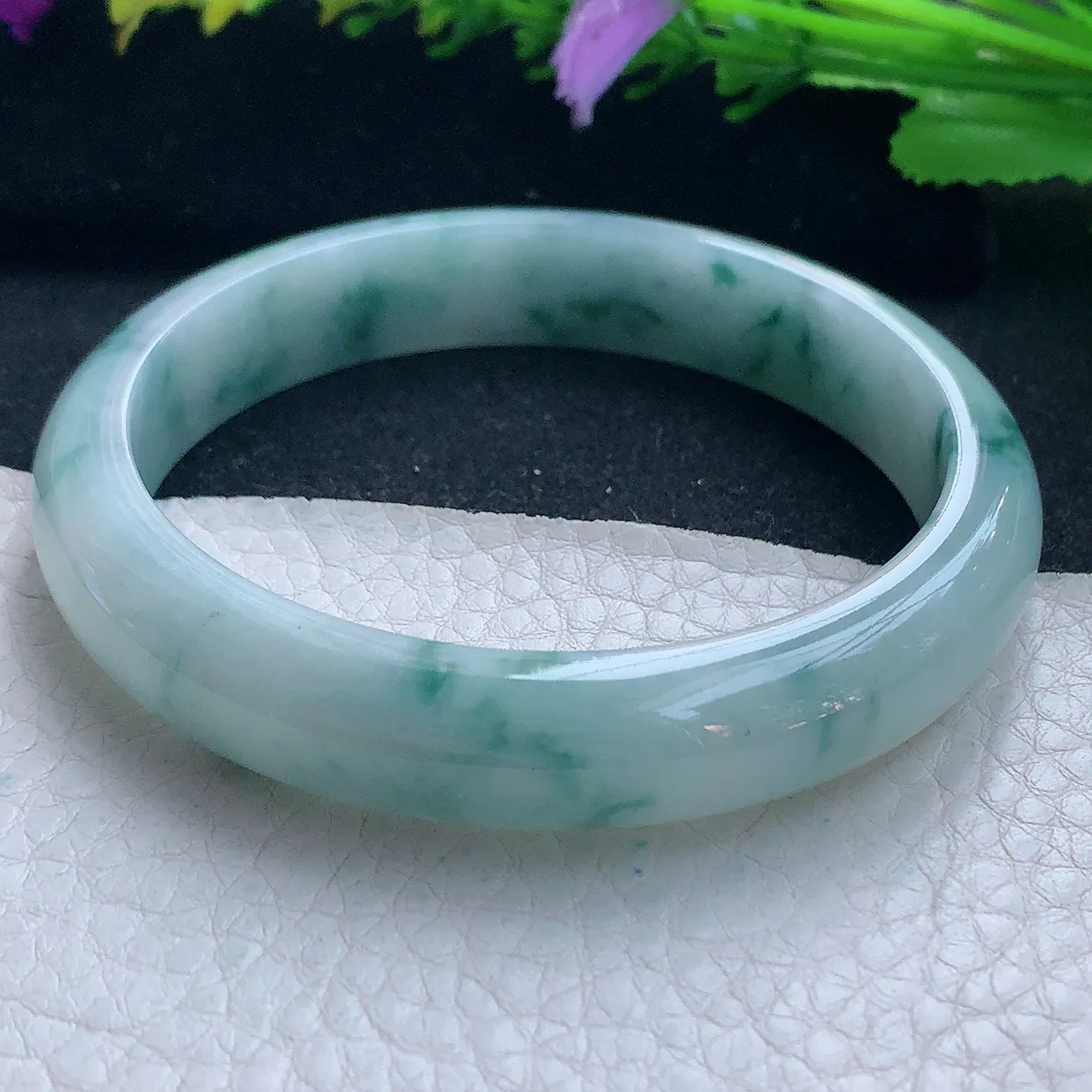 js实拍58.5*11.8*7.2平安镯 天然缅甸翡翠玉手镯冰飘花宽边玉手环