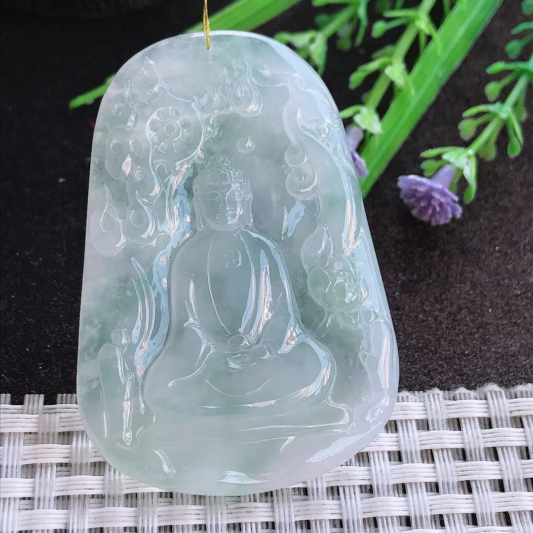 实拍A货翡翠56.7/39.6/5.8老坑冰胶果冻如来佛祖吊坠翡翠挂件