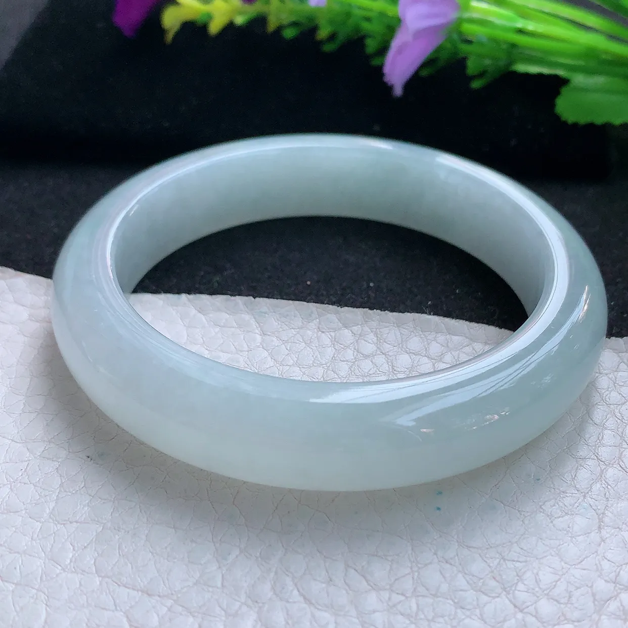 hy实拍58*13*9平安镯 天然缅甸翡翠玉手镯冰胶白月光宽边玉手环