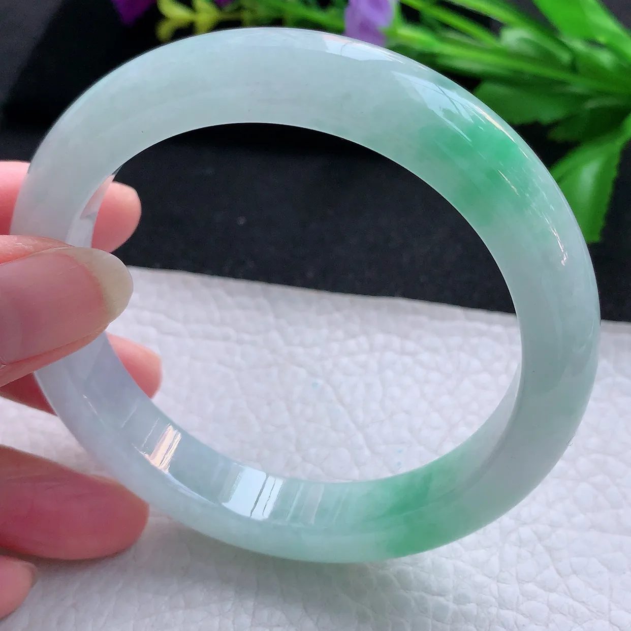 yh大圈口61.5*12.5*9.3平安镯 天然缅甸翡翠玉手镯飘绿大气宽边玉手环