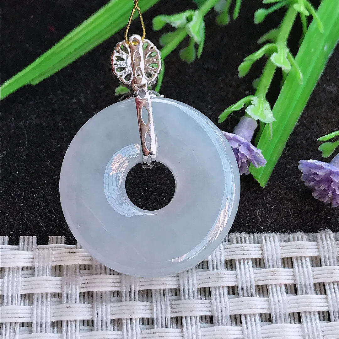 实拍A货翡翠25.6/5.7老坑18k金镶嵌冰胶淡紫罗兰平安扣吊坠翡翠挂件