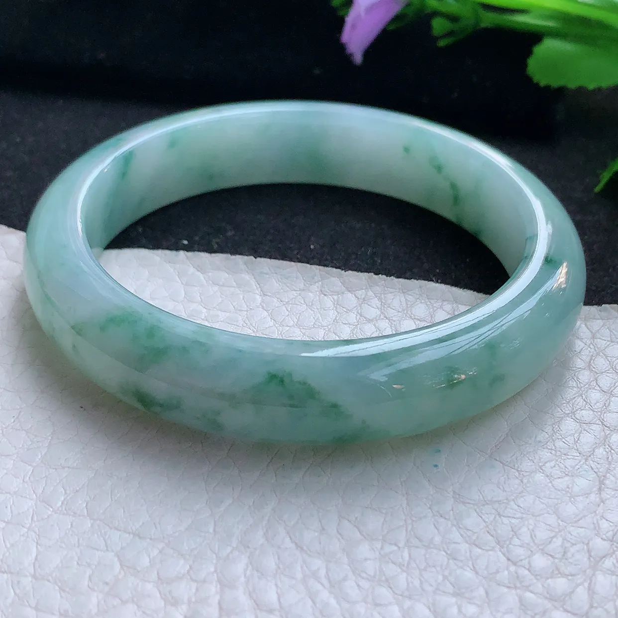 yh自然光57*12.7*8.6平安镯 天然缅甸翡翠玉手镯冰飘花宽边玉手环