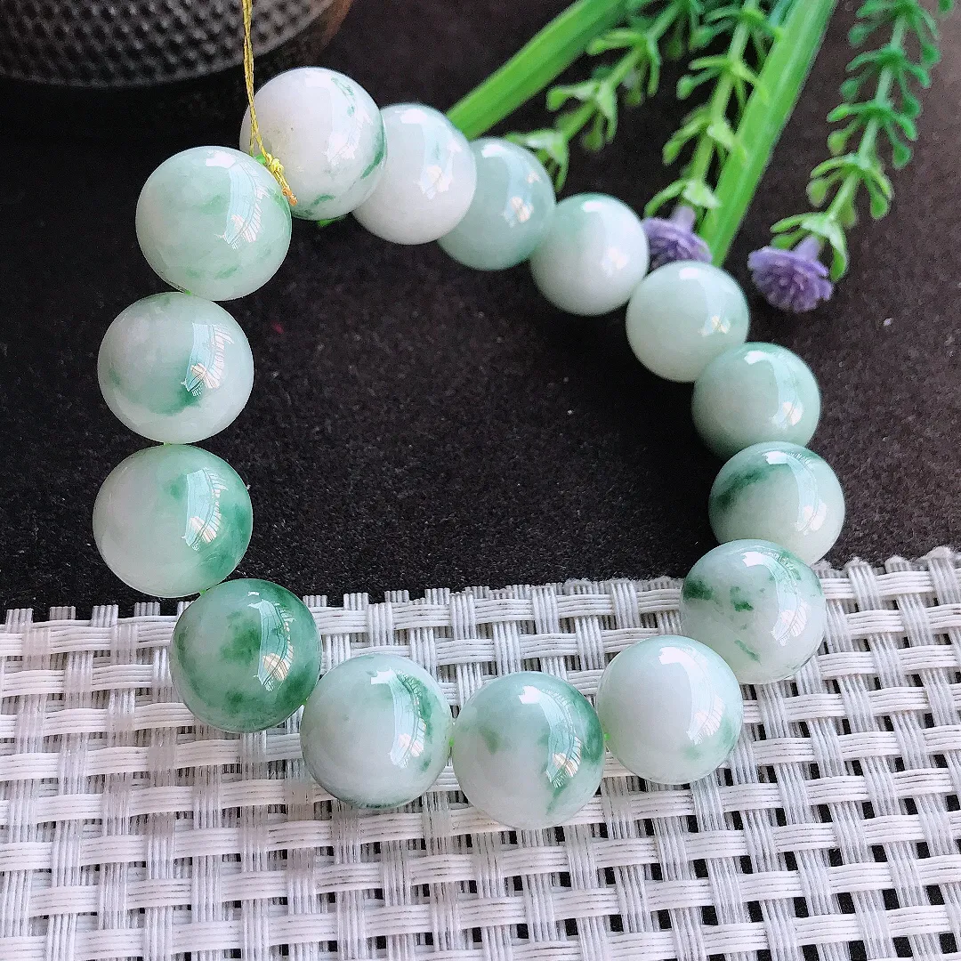 实拍A货翡翠13.5/15颗老坑秀气温润飘花大颗粒圆珠手串珠串手链