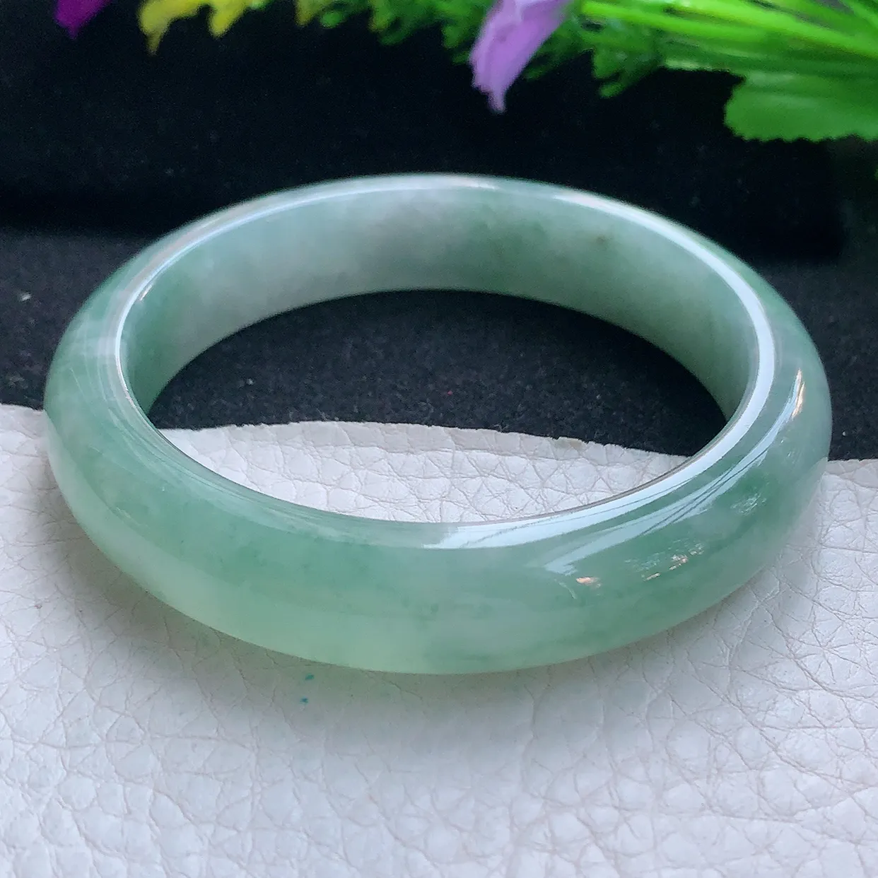 z实拍56.5*12.6*8平安镯 天然缅甸翡翠玉手镯冰润飘绿宽边玉手环