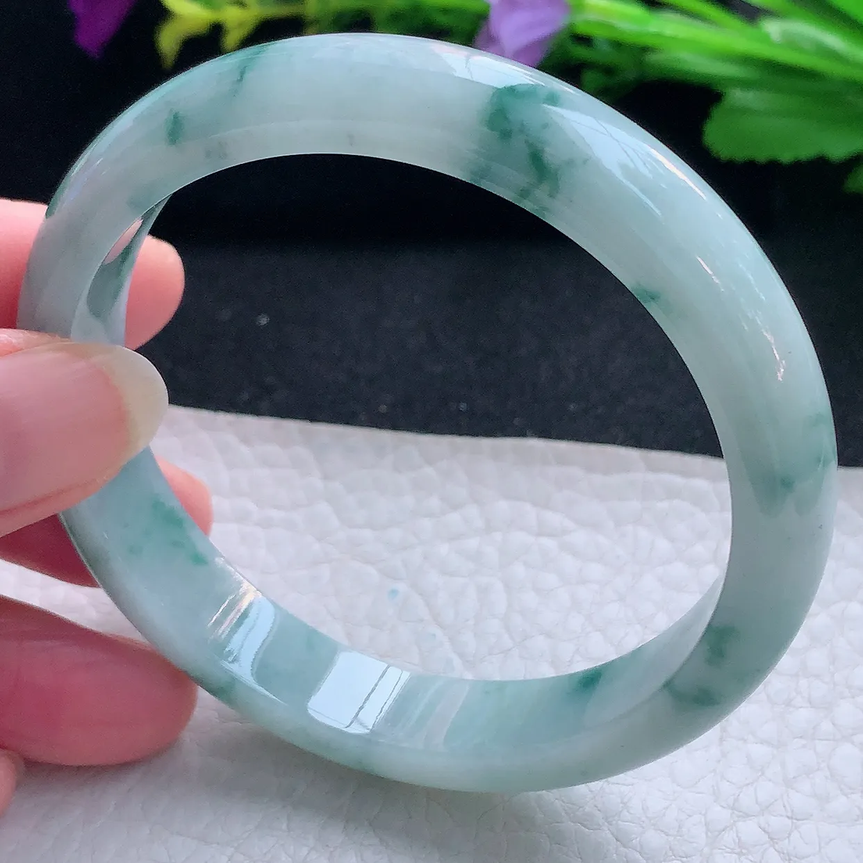 js实拍58.5*11.8*7.2平安镯 天然缅甸翡翠玉手镯冰飘花宽边玉手环