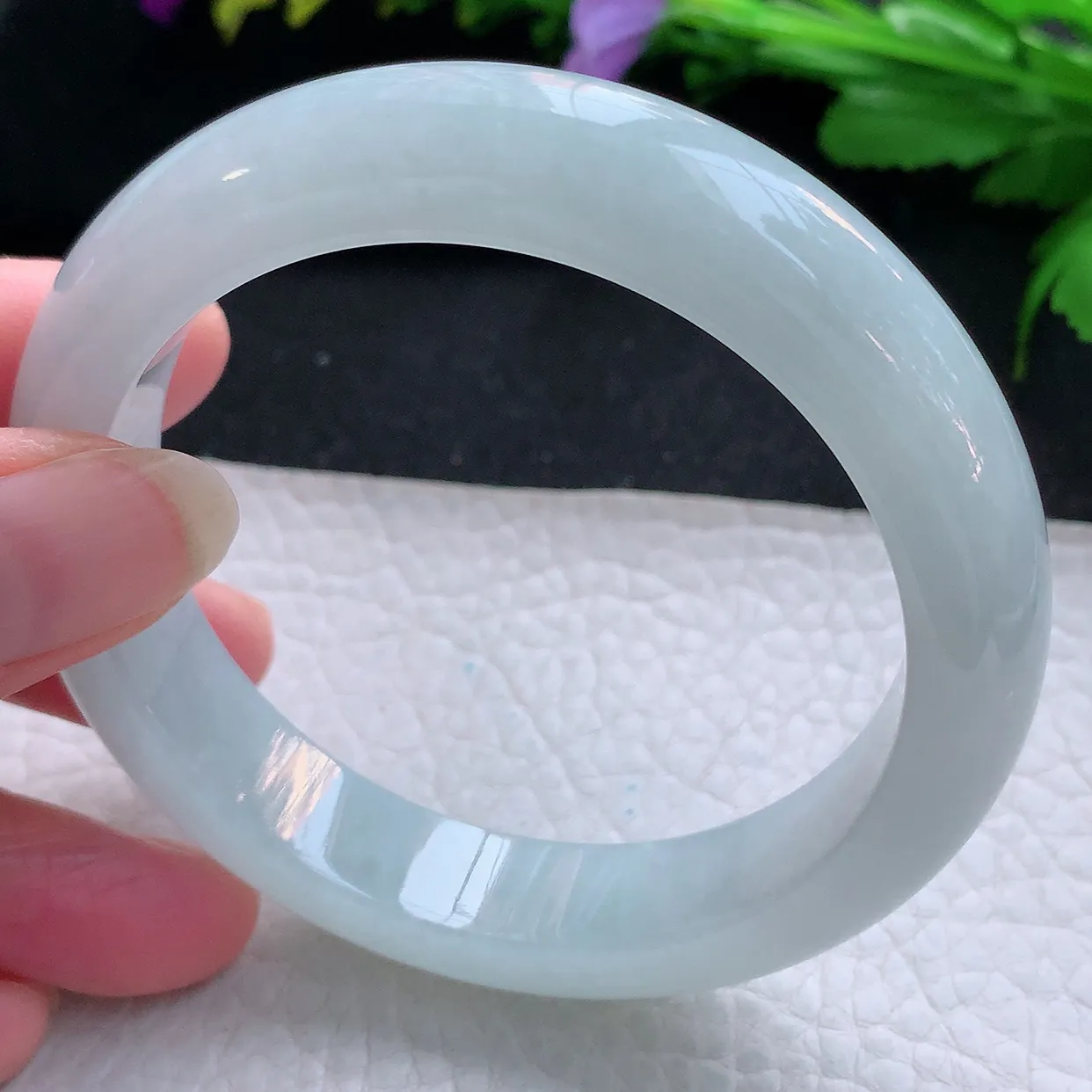 hy实拍58*13*9平安镯 天然缅甸翡翠玉手镯冰胶白月光宽边玉手环