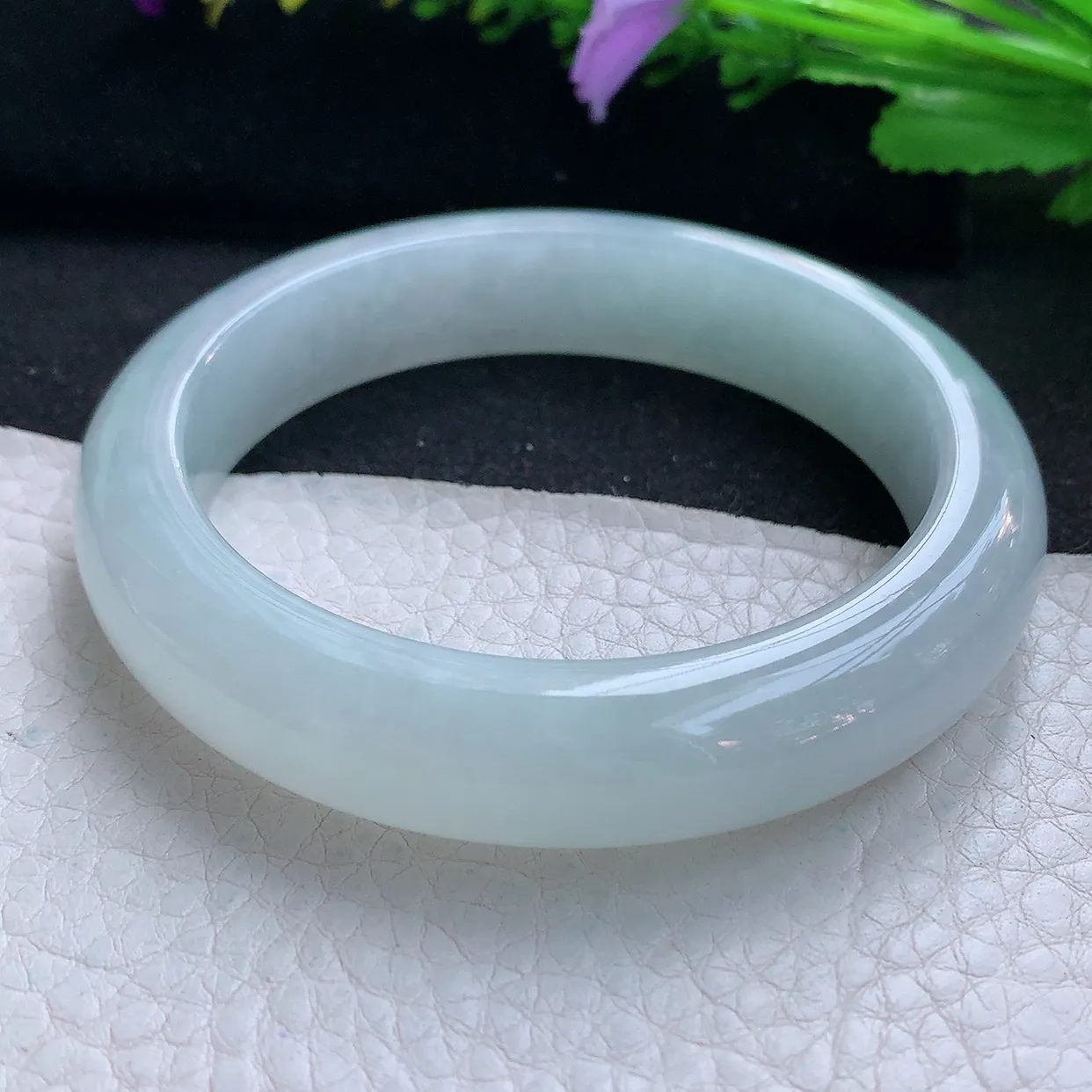 hy实拍58*13*9平安镯 天然缅甸翡翠玉手镯冰胶白月光宽边玉手环