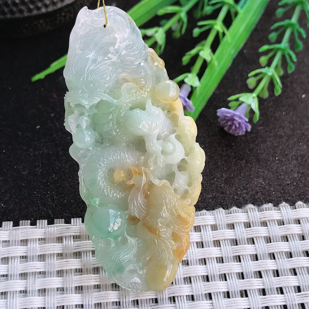 实拍A货翡翠64.5/29.6/10老坑精美三彩龙凤呈祥吊坠翡翠龙凤牌挂件